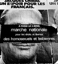Roger-Viollet | 223129 | Leaflet for the national march of homosexuals and lesbians, sticked on the Election poster of Jacques Chirac, March 1981. | © Roger-Viollet / Roger-Viollet
