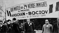Roger-Viollet | 241023 | World War II. Rally for the immortal glory of 24 heroes who were executed by the German army after the trial of the Manouchian-Boczov group, formed by communist resistance fighters immigrants, February 1944. | © Archives Manouchian / Roger-Viollet