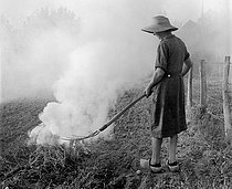 Roger-Viollet | 382024 | Farmer on clogs burning waste in Saint-Loup-de-Varennes (Saône-et-Loire). 1955. Photograph by Janine Niepce (1921-2007). | © Janine Niepce / Roger-Viollet