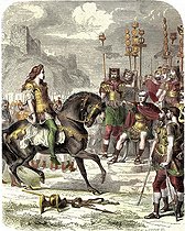 Roger-Viollet | 402806 | Vercingétorix, Gallic chief, going to Julius Caesar, in 52 before JC. Colourized engraving. | © Roger-Viollet / Roger-Viollet