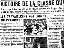 Roger-Viollet | 416105 | Popular Front. Article from  Le Populaire  newspaper.  Victory of the working class  listing the advantages obtained by the workers, thanks to the signing of the Matignon agreements, June 1936. | © Roger-Viollet / Roger-Viollet