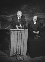 Roger-Viollet | 432819 | Waldeck-Rochet (1905-1983), French politician and Louis Aragon (1897-1982), French writer, on the right. Inauguration of the T.C.A (theater of the Municipality of Aubervilliers). On 1970. | © Roger-Viollet / Roger-Viollet