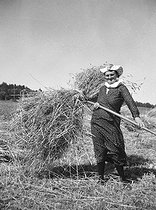 Roger-Viollet | 953008 | Farmer lifting a sheaf of wheat, about 1950. | © Roger-Viollet / Roger-Viollet