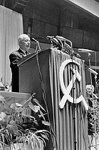 Roger-Viollet | 1137903 | Events of May-June 1968. Meeting for the beginning of the election campaign of the French Communist Party (PCF, Parti communiste français). Louis Aragon (1897-1982), French poet and novelist, and Jeannette Vermeersch (1910-2001), French politician. Paris (XVth arrondissement), Palais des Sports, on June 10, 1968. Photograph by Claude Poensin-Burat, from the collections of the French newspaper  France-Soir . Bibliothèque historique de la Ville de Paris. | © Claude Poensin-Burat / Fonds France-Soir / BHVP / Roger-Viollet