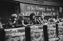 Roger-Viollet | 1383438 | Etats généraux on  Women's work and women in work . From left to right: Simone Iff (1924-2014), former president of the Family Planning, Yvette Roudy (born in 1929), at the microphone, Minister for Women's Rights, and Maya Surduts (1937-2016), French feminist activist. The Sorbonne, Paris (France), April 24 and 25, 1982. Photograph by Catherine Deudon. | © Catherine Deudon / Roger-Viollet