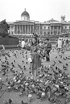 Roger-Viollet | 1409437 | Sheila (born in 1945), French singer, surrounded by pigeons near the National Gallery. London (England), Trafalgar Square, on September 23, 1966. Photograph from the collections of the French newspaper  France-Soir . Bibliothèque historique de la Ville de Paris. | © Fonds France-Soir / BHVP / Roger-Viollet
