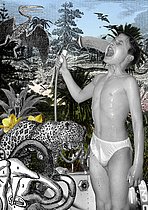 Roger-Viollet | 1416648 |  Jungle Bathroom  collage numérique du street artiste 13Bis. Création réalisée dans le cadre de l'exposition  13 bis X Roger-Viollet  à la Galerie Roger-Viollet, 6 rue de Seine. Paris (VIème arr.), du 28 avril au 18 juin 2022. | © 13 Bis / Roger-Viollet